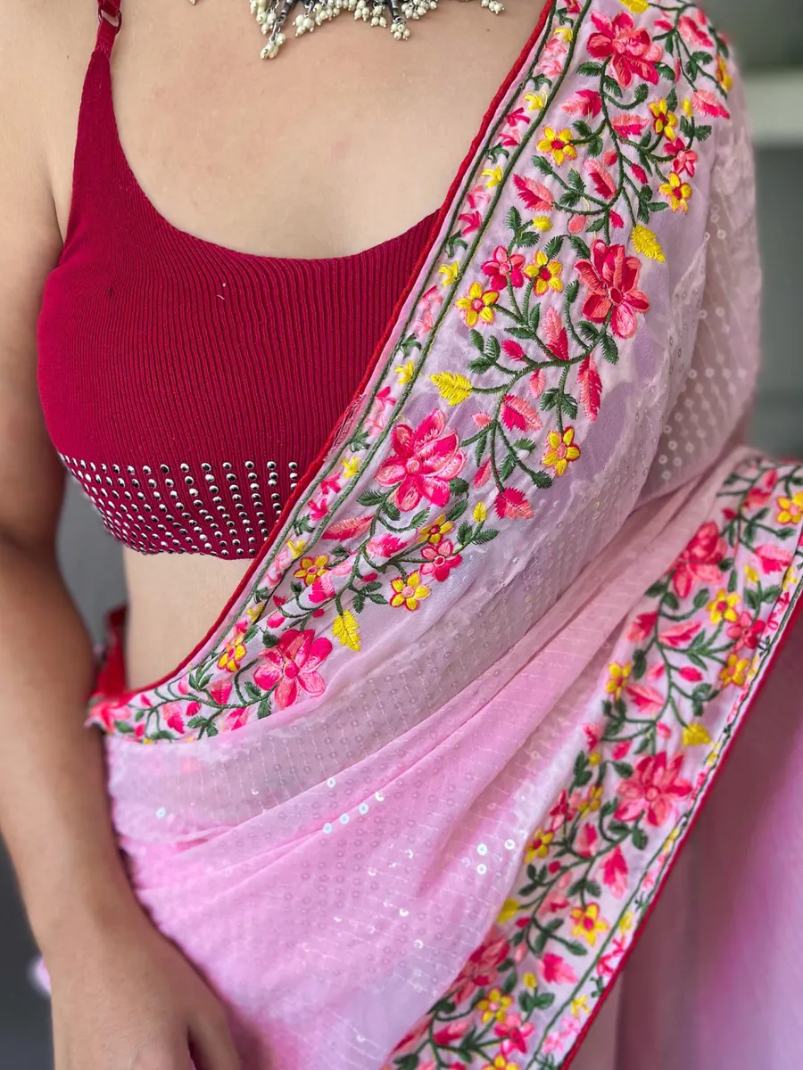 Pure Georgette Saree with 5 mtrs  Sequence Work & Contrast Banglori Silk Blouse